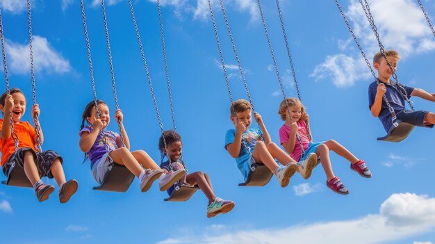 Children happily playing on swings under electric blue sky AIG41