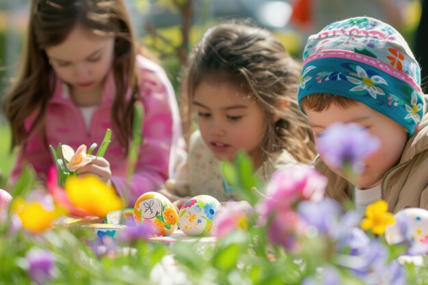 Foto bambini che si divertono nel prato condividendo e piantando uova di pasqua nell'erba