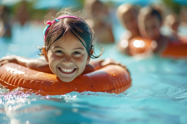 Children having fun in swimming pool spending summer holidays