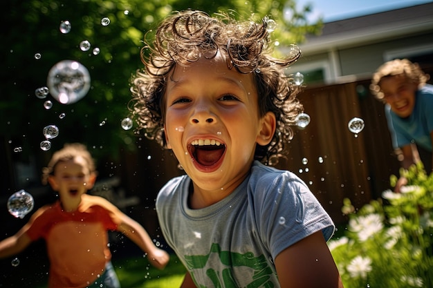 Children having a playful water balloon fight in a backyard their expressions full of mischief shot