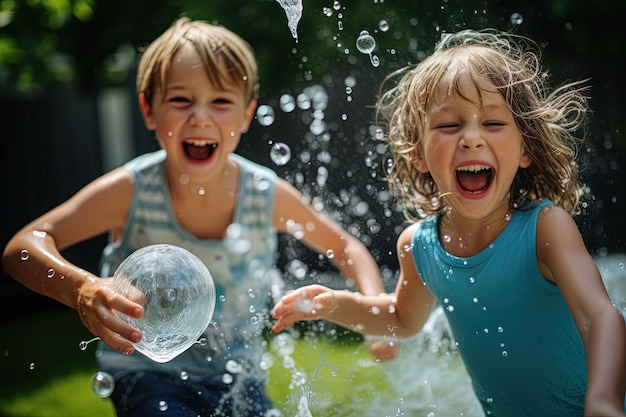 Children having a playful water balloon fight in a backyard their expressions full of mischief shot