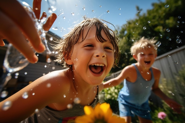 Photo children having a playful water balloon fight in a backyard