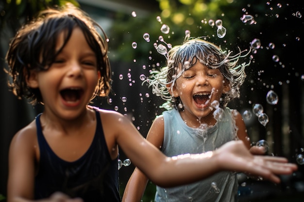 Children having a playful water balloon fight in a backyard