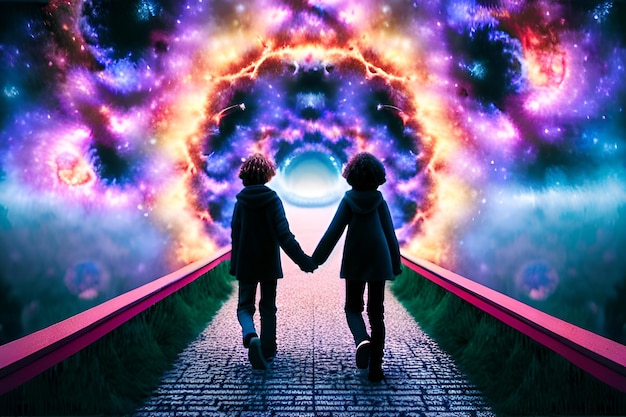 Photo the children held hands and entered the dimensional portal