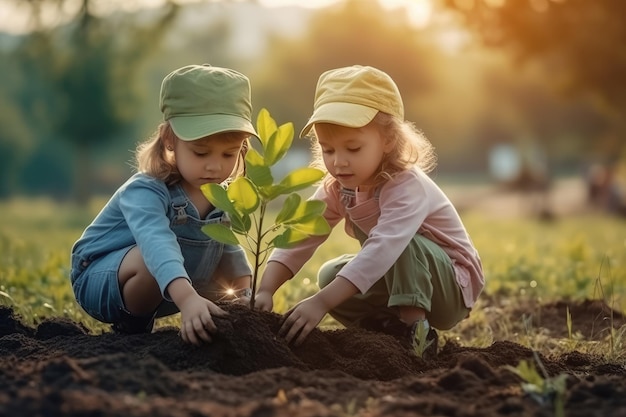어린이 들 이 자연 들 의 잔디 숲 에 나무 를 심는 데 도움 을 주고 있다