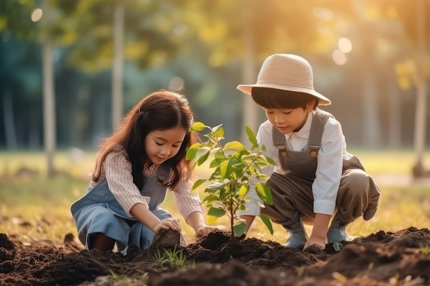 Children helping planting tree on nature field grass forest