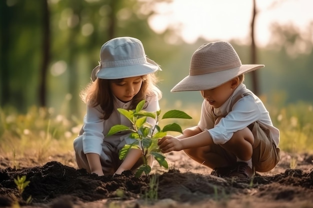 Children helping planting tree on nature field grass forest