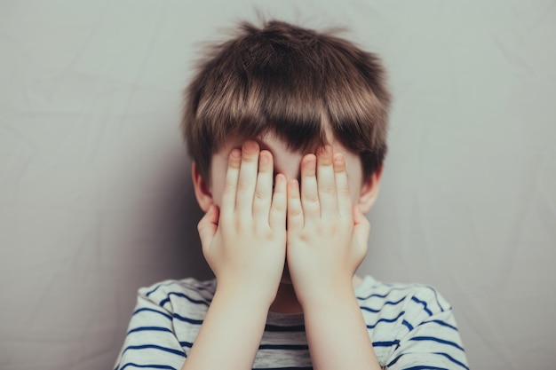 Children hides their face in hands expression suggests sadness or stress