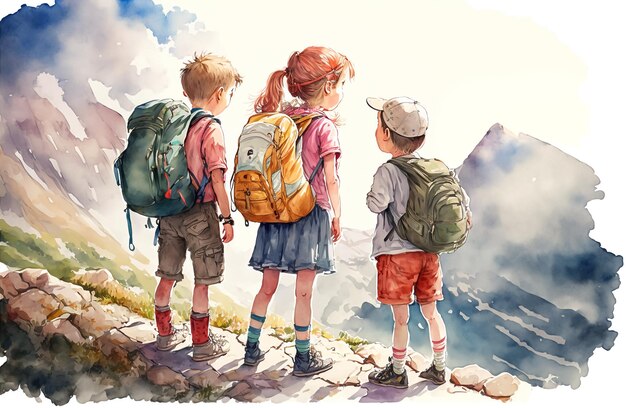 Children hiking in the mountains Kids with backpacks Watercolor illustration