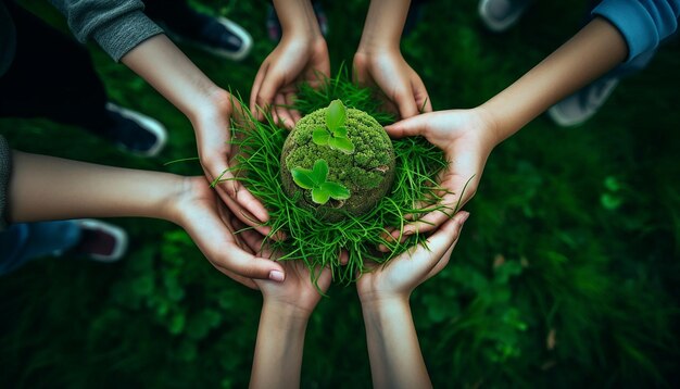 写真 緑の草の背景に緑の土を握っている子供たち 平凡な素材 空中