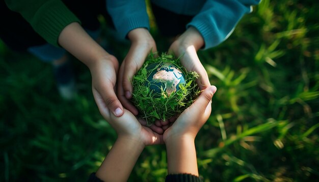 写真 緑の草の背景に緑の土を握っている子供たち 平凡な素材 空中