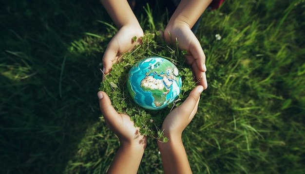 Photo children holding green earth in their hands on green grass background mundane materials aerial