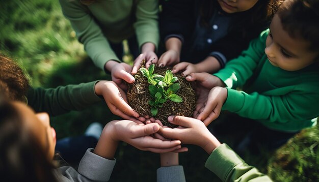 Photo children holding green earth in their hands on green grass background mundane materials aerial