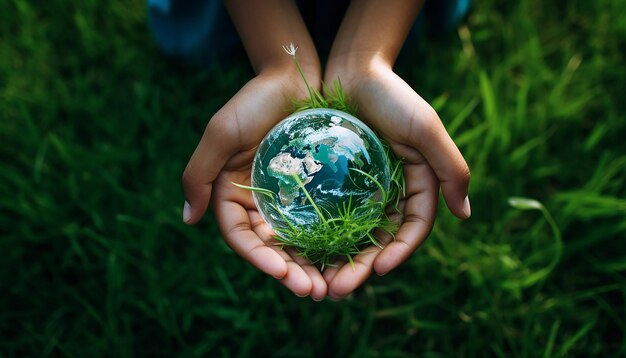 Foto bambini che tengono la terra verde nelle loro mani sull'erba verde sullo sfondo materiali banali aereo