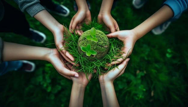 children holding green earth in their hands on green grass background mundane materials aerial