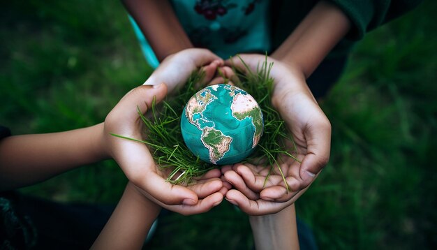 Photo children holding green earth in their hands on green grass background mundane materials aerial