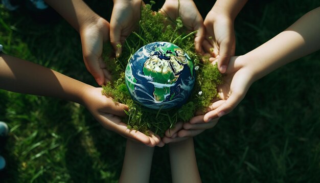 Foto bambini che tengono la terra verde nelle loro mani sull'erba verde sullo sfondo materiali banali aereo