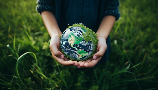 Children holding green earth in their hands on green grass background mundane materials aerial