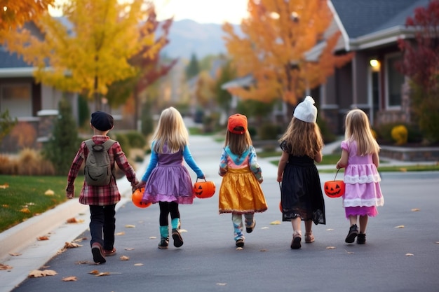 Foto bambini che tengono in mano zucche in una strada con la scritta zucche sopra