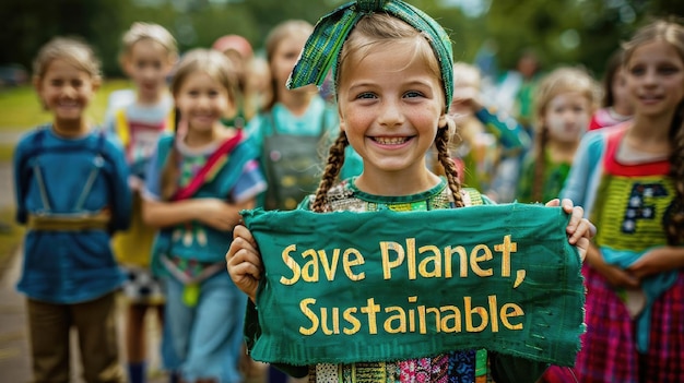 Children holding a Save Planet Sustainable banner on street