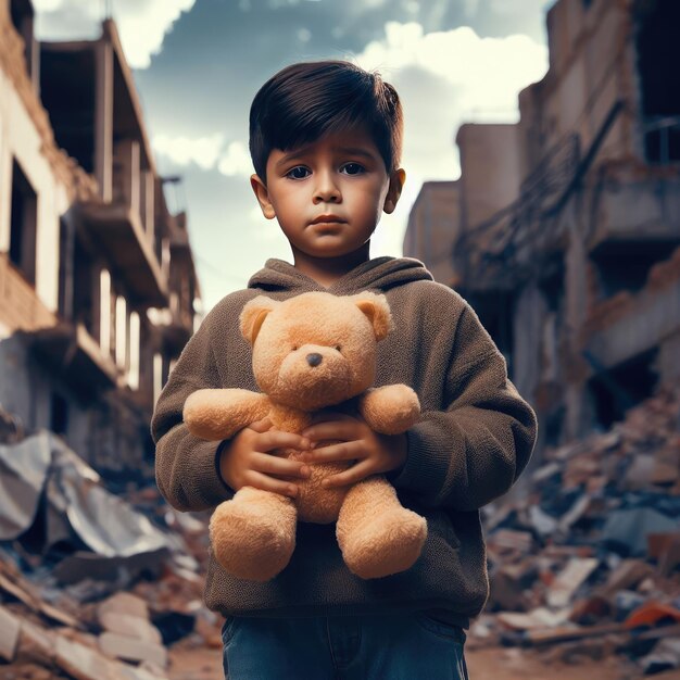 children hug their toys in the middle of a destroyed building war background