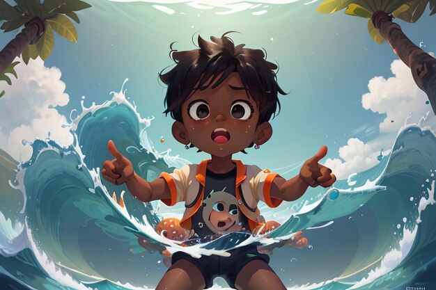 Children in huge waves of the sea cartoon anime character image wallpaper background illustration