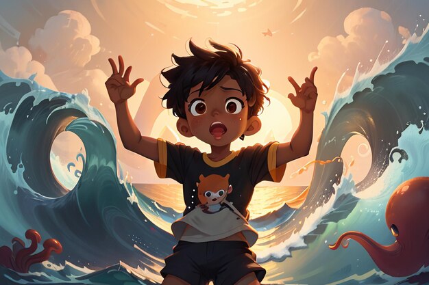 Children in huge waves of the sea cartoon anime character image wallpaper background illustration