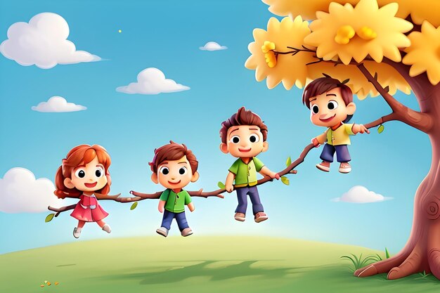 晴れた日に木の枝にぶら下がった子供たちカラフルな漫画キャラクター面白いベクトルイラスト