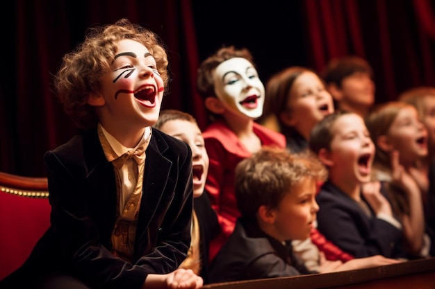 Фото Дети в театре с клоунами и надписью 