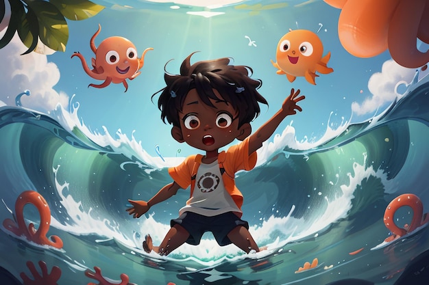 写真 海の巨大な波の中の子供たち漫画アニメキャラクター画像壁紙背景イラスト