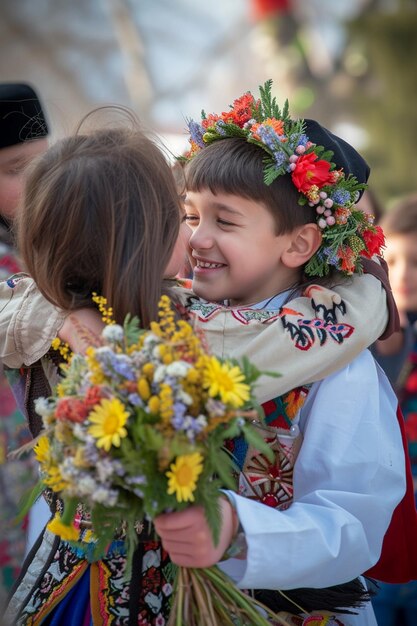 Фото Дети в традиционных румынских костюмах дают мартисор друг другу