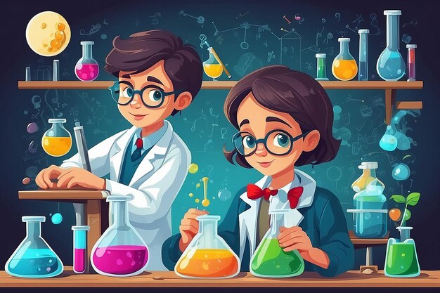 Children is studying chemistry in laboratory vector illustration flat design