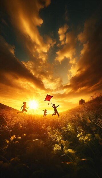 Children Joyful Play Red Kite Sunset Silhouette Golden Sky