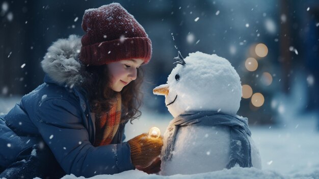 Children joyfully building a snowman in the midst of falling snowflakes