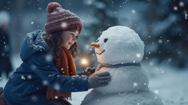 雪花 の 中 で 雪人 を 喜ん で 造っ て いる 子供 たち