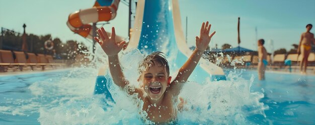 Children joyfully play in the pool at the water park sliding down the water slide Concept Water park Children39s activities Pool fun Waterslide Summer recreation