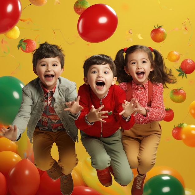 Children Jumping With Balloons