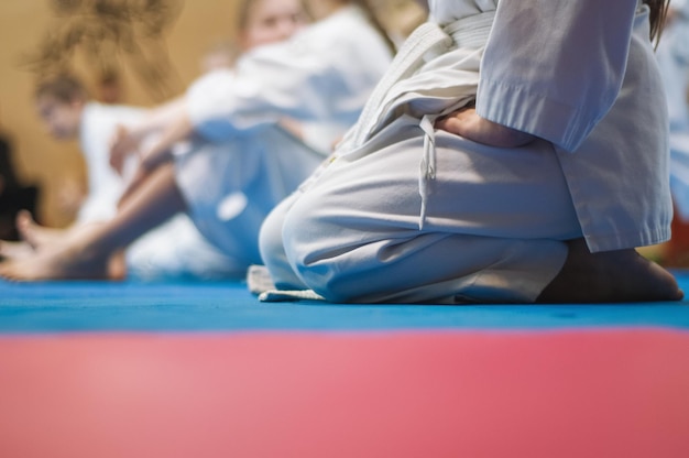 Children in karate training Figures in white kimano on a colored tatami background Copyspace