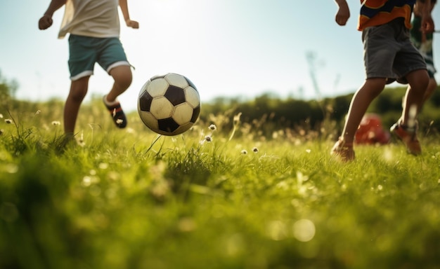 写真 晴れた日に芝生でサッカーボールを蹴る子供たち