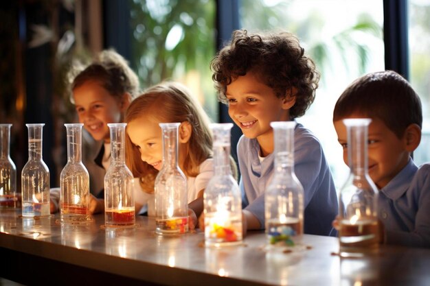 Photo children in a lab with a bottle of oil and a light bulb.