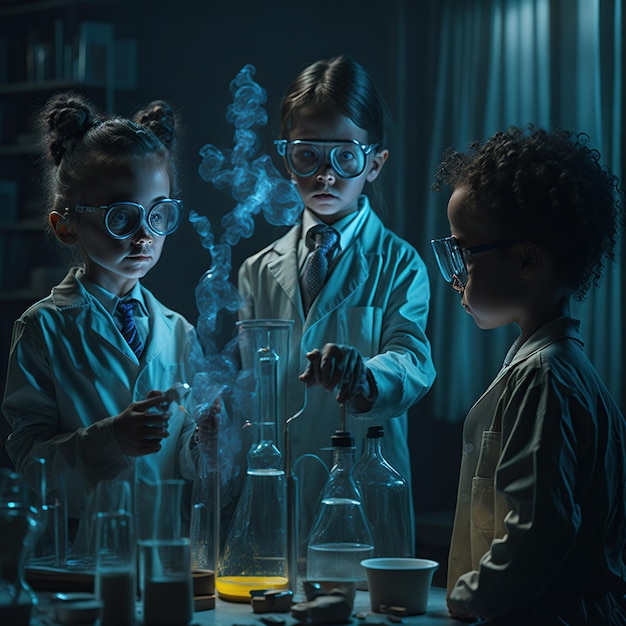 Children in a laboratory wearing lab coats and safety glasses conducting experiments