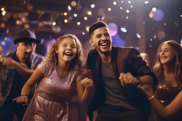 Photo children laughing while dancing with friends group of men and women dancing at new years eve party at night club