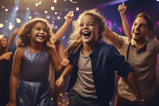 Children laughing while dancing with friends Group of men and women dancing at new years eve party at night club