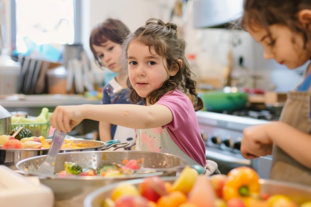 Foto i bambini imparano a cucinare in cucina