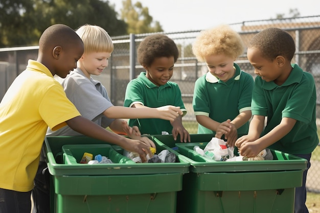 Children learning to recycle in a schoolyard