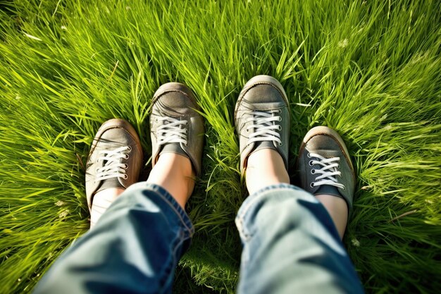 Children legs feet up on green grass Generative AI