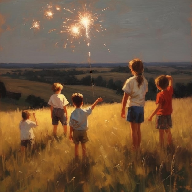 Children lighting firecrackers playing in the field