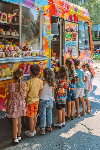 Children line up outside a vibrant ice cream truck awaiting their favorite ice creams under the brig