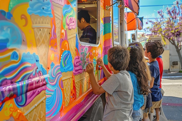 Children line up outside a vibrant ice cream truck awaiting their favorite ice creams under the brig