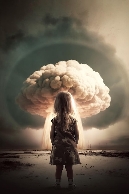 Children look at the nuclear explosion with their backs Generative AI